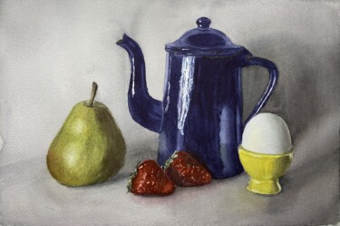 Картина под названием "Navy teapot" - Yulia Risevets, Подлинное произведение искусства, Акварель