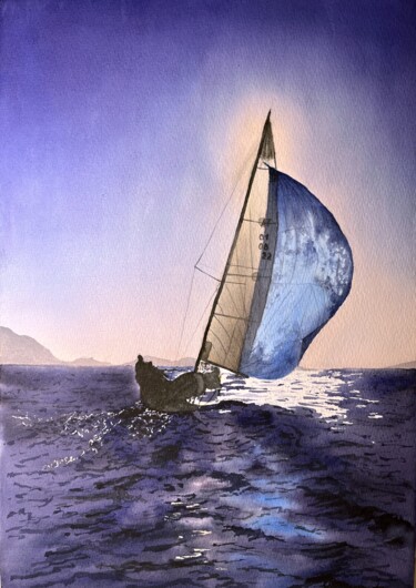 Schilderij getiteld "Under sail" door Yulia Risevets, Origineel Kunstwerk, Aquarel