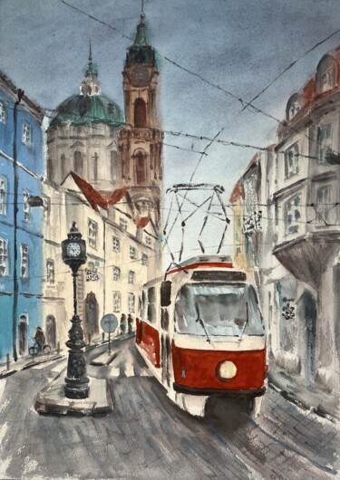 Painting titled "Tram" by Yulia Risevets, Original Artwork, Watercolor