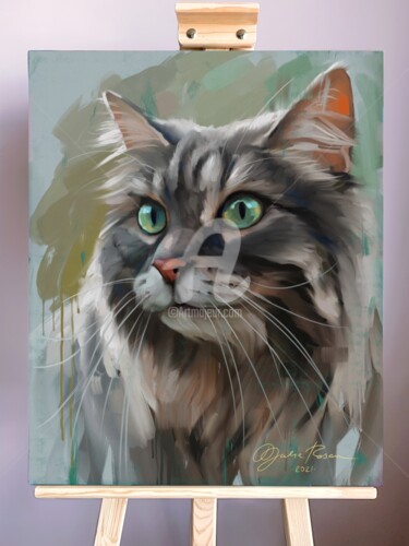 Painting titled "SIBERIAN CAT - home…" by Yulia Rossan, Original Artwork, Acrylic Mounted on Wood Stretcher frame