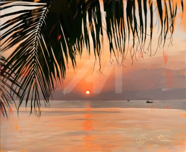 Painting titled "Orange Sunset - Vie…" by Yulia Rossan, Original Artwork, Acrylic Mounted on Wood Stretcher frame