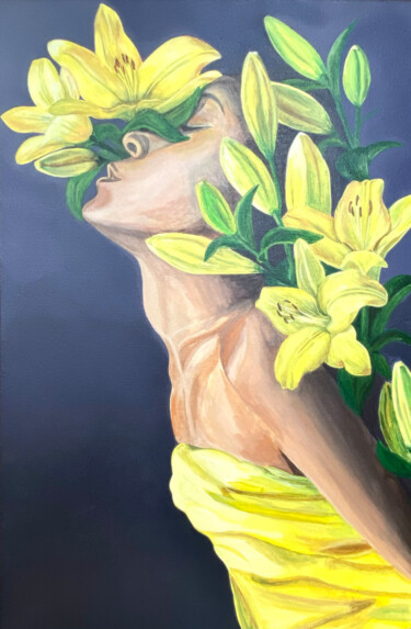 Картина под названием "The girl with lilies" - Yulia Yudina, Подлинное произведение искусства, Акрил Установлен на Деревянна…