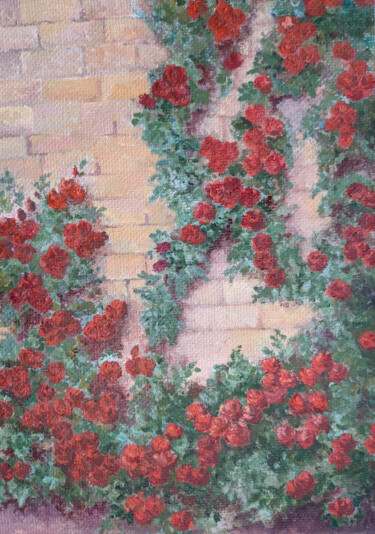 Картина под названием "Roses on the wall" - Yulia Zuk, Подлинное произведение искусства, Масло