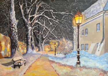 Painting titled "Street lights" by Yulia Gavarini, Original Artwork, Oil Mounted on Wood Stretcher frame
