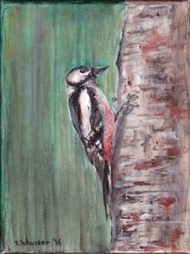 Malerei mit dem Titel "Woodpecker. Acrylic…" von Yulia Schuster, Original-Kunstwerk, Acryl