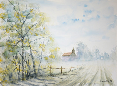Malerei mit dem Titel "Rural landscape" von Yulia Schuster, Original-Kunstwerk, Aquarell