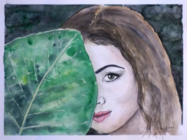 Malerei mit dem Titel "Green eyes" von Yulia Schuster, Original-Kunstwerk, Aquarell