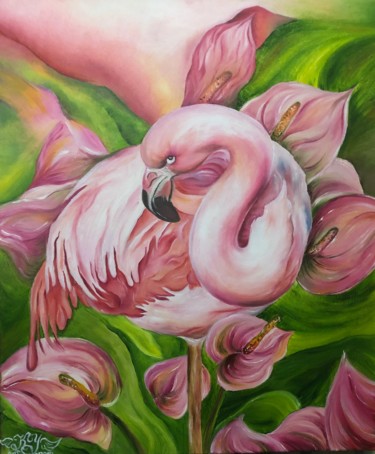 Картина под названием "Flamingo .jpeg" - Yulia Kuzero, Подлинное произведение искусства, Масло