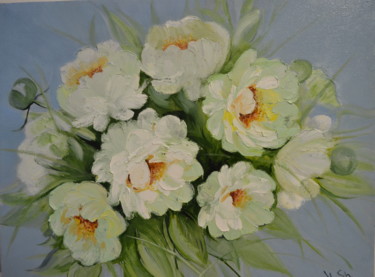 Painting titled "White peonies" by Yulia Sheverova, Original Artwork, Oil Mounted on Wood Stretcher frame