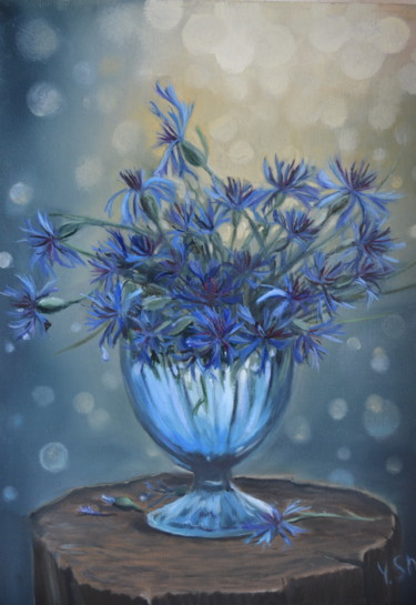 Pintura intitulada "Cornflowers under r…" por Yulia Sheverova, Obras de arte originais, Óleo