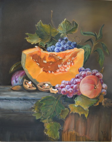 Painting titled "Still life with pum…" by Yulia Sheverova, Original Artwork, Oil Mounted on Wood Stretcher frame