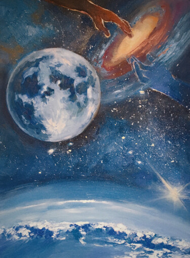 Painting titled "Space Universe Moon…" by Yulia Tamoykina (Lifestyle_harmony), Original Artwork, Oil