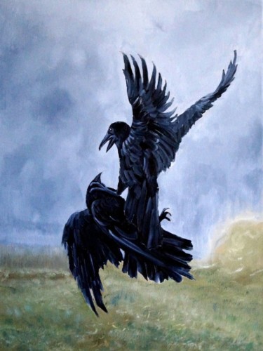 Painting titled "Crow, battle raven" by Yulia Nikulina, Original Artwork, Oil Mounted on Wood Stretcher frame