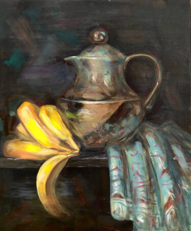 Ζωγραφική με τίτλο "Banana tea" από Yuliia Chaika, Αυθεντικά έργα τέχνης, Λάδι Τοποθετήθηκε στο Ξύλινο φορείο σκελετό