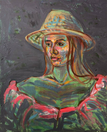 Painting titled ""Lady in a hat", ac…" by Yuliia Chaika, Original Artwork, Acrylic Mounted on Wood Panel