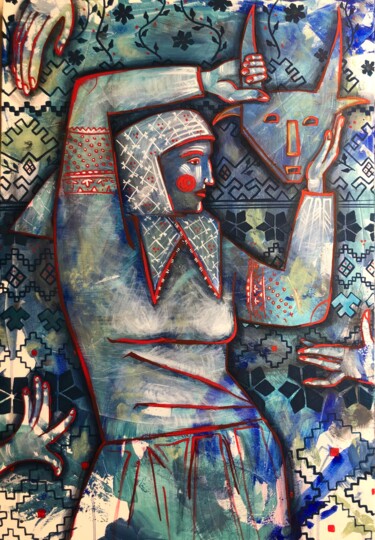 Malerei mit dem Titel "“GOAT MASK” Ukraini…" von Yuliia Chaika, Original-Kunstwerk, Acryl