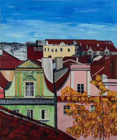 Painting titled "Autumn city roofs" by Yuliia Khazova, Original Artwork, Acrylic