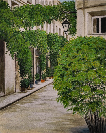 Painting titled "Green street" by Yuliia Khazova, Original Artwork, Acrylic