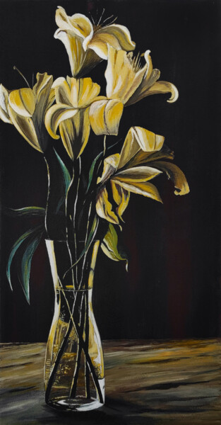 Peinture intitulée "Lilies in the night" par Yuliia Khazova, Œuvre d'art originale, Acrylique