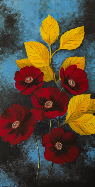 Painting titled "Crimson Autumn flow…" by Yuliia Khazova, Original Artwork, Acrylic
