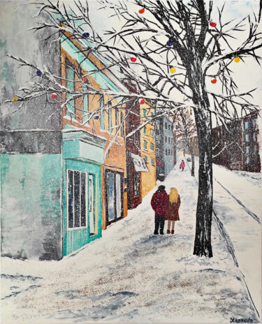 Картина под названием "Snowy morning" - Yuliia Khazova, Подлинное произведение искусства, Акрил
