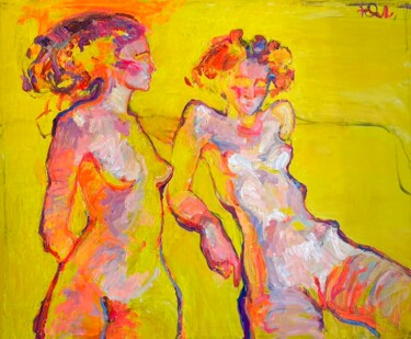 Malerei mit dem Titel "Nude on bright yell…" von Yuliia Levytska, Original-Kunstwerk, Acryl