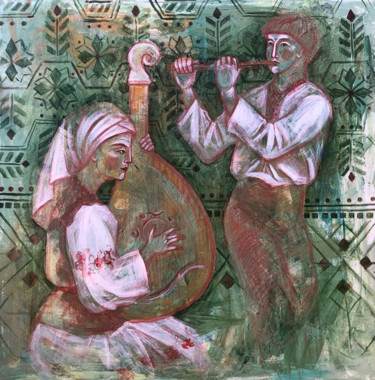 Folk Duet of Musicians large gray acrylic painting on canvas Картина под названием "Folk Duet of Musici…" - Yuliia Chaika, Подлинное произведение искусства, Акрил Установлен на Подрамник
