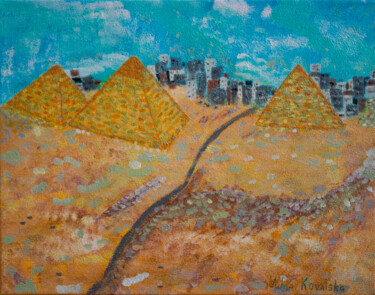 Painting titled "Egypt. Pyramids" by Yuliia Kovalska, Original Artwork, Acrylic Mounted on Wood Stretcher frame