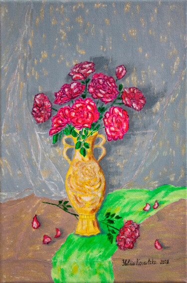 Pittura intitolato "Roses in a vase" da Yuliia Kovalska, Opera d'arte originale, Acrilico