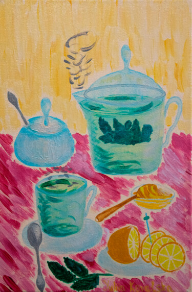 Painting titled "Mint tea" by Yuliia Kovalska, Original Artwork, Acrylic Mounted on Wood Stretcher frame