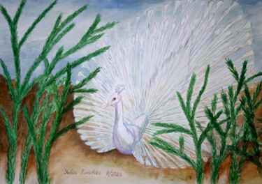 Картина под названием "Albino peacock" - Yuliia Kovalska, Подлинное произведение искусства, Акварель