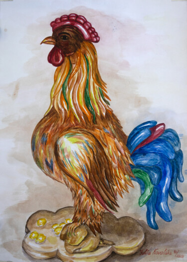Schilderij getiteld "Rooster" door Yuliia Kovalska, Origineel Kunstwerk, Aquarel