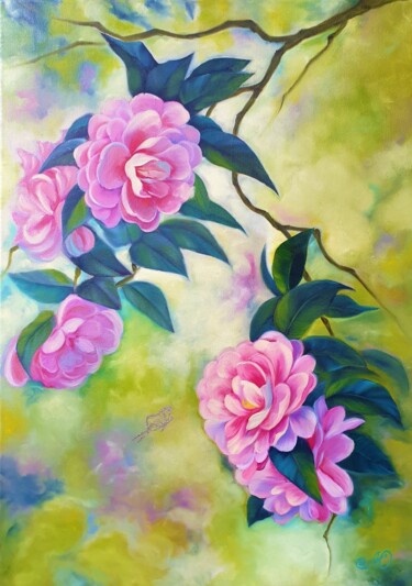 Painting titled "Blossom Camellia Pa…" by Yuliya Illarionova, Original Artwork, Oil Mounted on Wood Stretcher frame