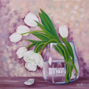 Painting titled "Tulips Painting Flo…" by Yuliya Illarionova, Original Artwork, Oil Mounted on Wood Stretcher frame