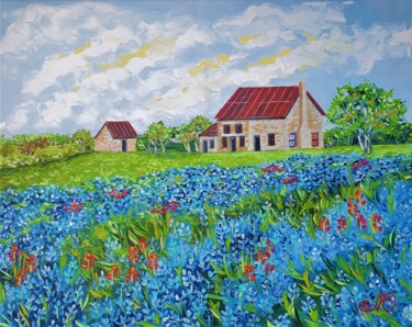 Painting titled "Bluebonnet Painting…" by Yuliya Illarionova, Original Artwork, Oil Mounted on Wood Stretcher frame