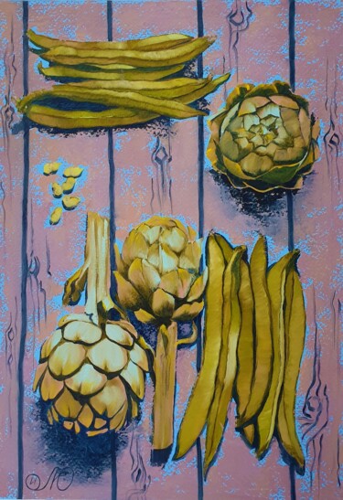 Painting titled "Artichoke Painting…" by Yuliya Illarionova, Original Artwork, Oil Mounted on Cardboard