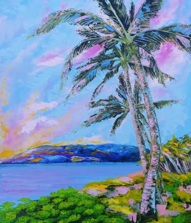 Painting titled "Palm Tree Painting…" by Yuliya Illarionova, Original Artwork, Oil Mounted on Cardboard