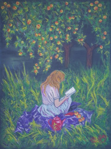 Pittura intitolato "Girl Painting Apple…" da Yuliya Illarionova, Opera d'arte originale, Pastello