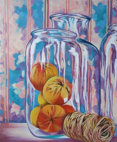 Painting titled "Apple Painting Jar…" by Yuliya Illarionova, Original Artwork, Oil Mounted on Wood Stretcher frame