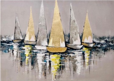 Painting titled "sailboats" by Yuliia Kiselova, Original Artwork, Acrylic Mounted on Wood Stretcher frame