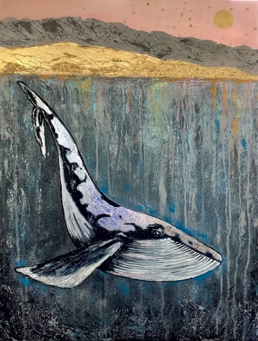 Painting titled "silver whale" by Yuliia Kiselova, Original Artwork, Acrylic Mounted on Wood Stretcher frame