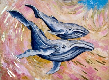 Painting titled "whales" by Yuliia Kiselova, Original Artwork, Acrylic Mounted on Wood Stretcher frame