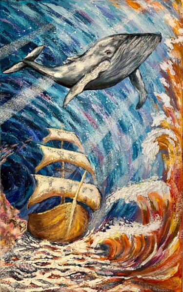 Картина под названием ""Whale showing the…" - Yuliia Kiselova, Подлинное произведение искусства, Акрил Установлен на Деревян…