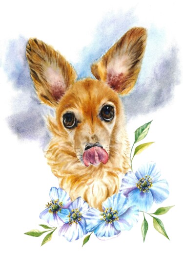 Painting titled "Ginger chihuahua do…" by Yuliya Ozdemir, Original Artwork, Watercolor