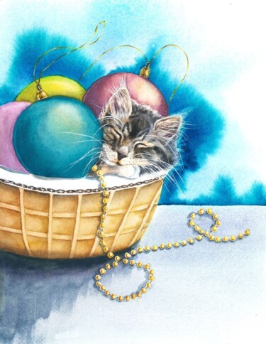 Schilderij getiteld "Kitten sleeping in…" door Yuliya Ozdemir, Origineel Kunstwerk, Aquarel