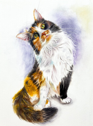 Painting titled "Portrait of calico…" by Yuliya Ozdemir, Original Artwork, Watercolor