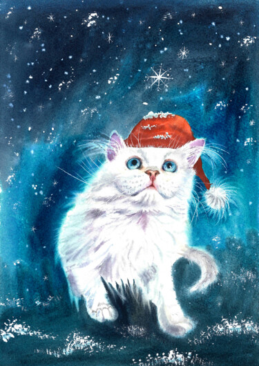 Painting titled "White kitten in the…" by Yuliya Ozdemir, Original Artwork, Watercolor