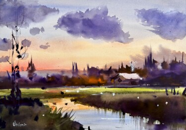 Malerei mit dem Titel "Sunset fields" von Yuliya Ozdemir, Original-Kunstwerk, Aquarell