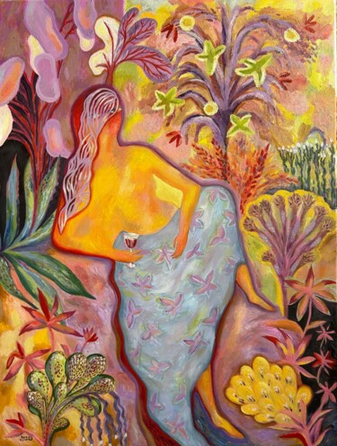 Painting titled "Relax with a Glass…" by Yuliya Pochynok (JJ Julia), Original Artwork, Oil Mounted on Wood Stretcher frame