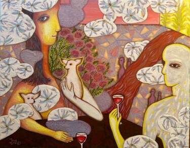 Картина под названием "Woman with Two Chih…" - Yuliya Pochynok (JJ Julia), Подлинное произведение искусства, Масло Установле…